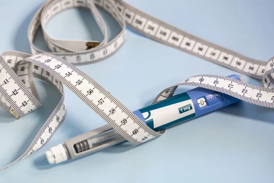 A tape measure coiled beside an injection pen
