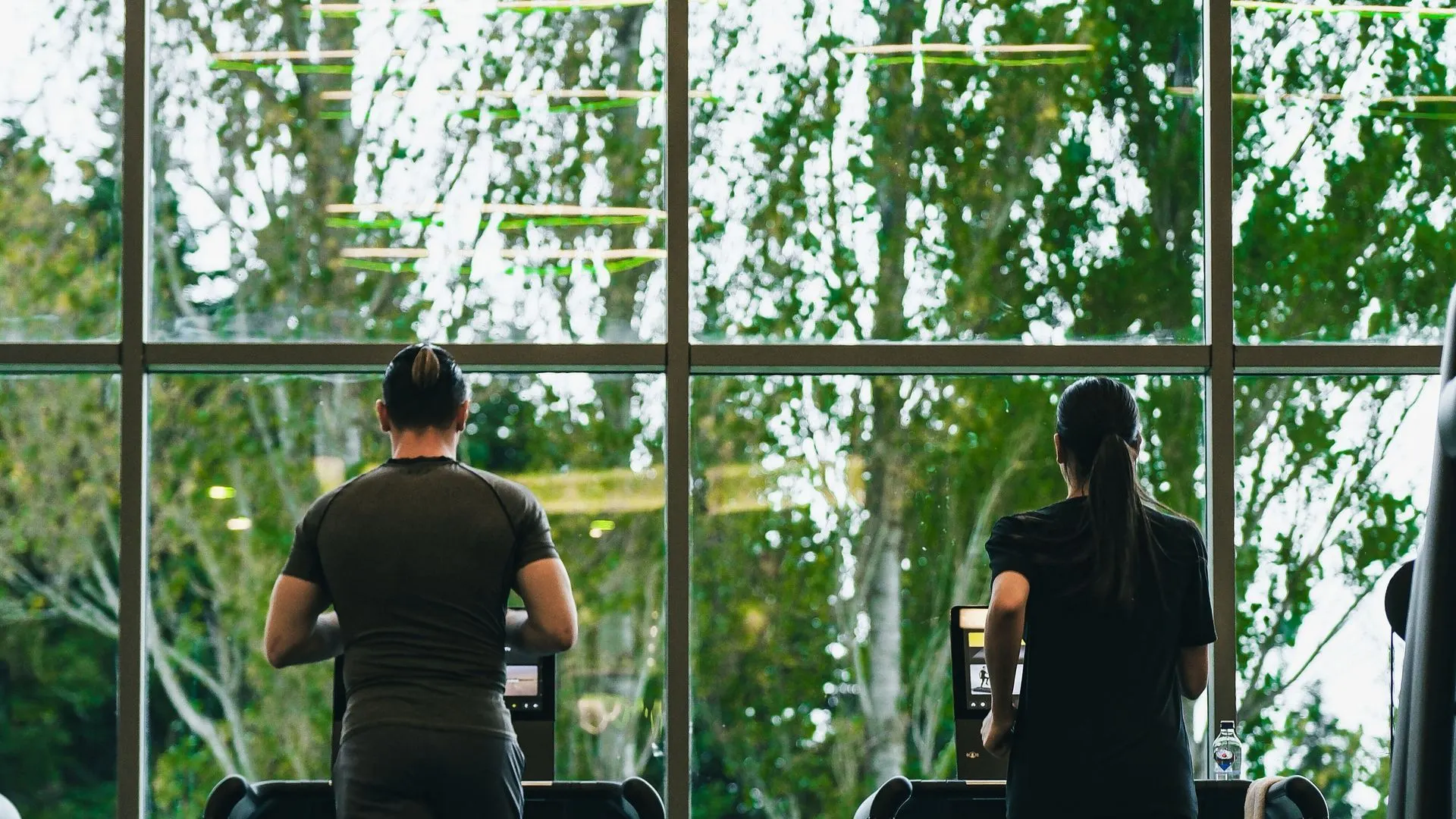 Two people running on treadmills in front of tall gym windows looking out on trees