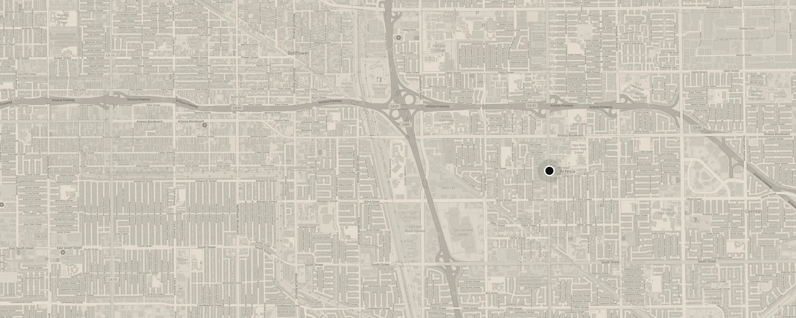 Map of Artesia, CA with the Rx2BFIT office marked on Pioneer Boulevard