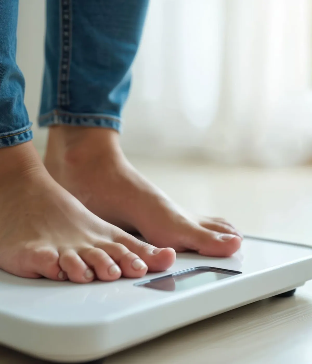 Bare feet standing on a bathroom scale